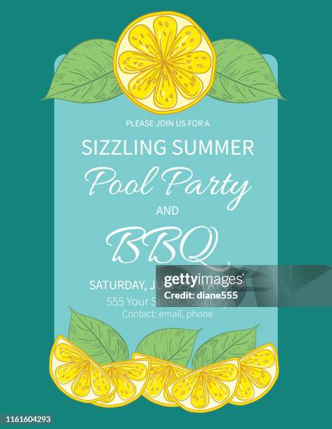 ilustraciones, imágenes clip art, dibujos animados e iconos de stock de plantilla de invitación de fiesta de verano con limones y hojas - fiesta de piscina
