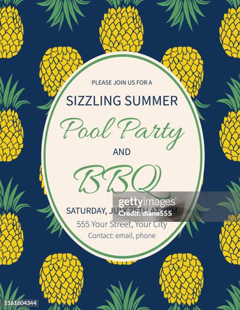 ilustraciones, imágenes clip art, dibujos animados e iconos de stock de plantilla de invitación de fiesta de verano con piñas - fiesta de piscina