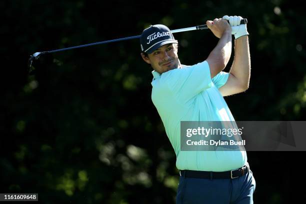 Johnson Wagner plays his shot from the second tee during the second round of the John Deere Classic at TPC Deere Run on July 12, 2019 in Silvis,...