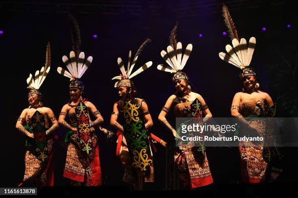 Spirit of the Hornbill of Indonesia perform during the Rainforest World Music Festival at Sarawak Cultural Village on July 12, 2019 in Kuching,...