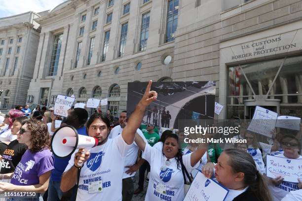 Immigration activists gather in front of the U.S. Customs and Border Protection Headquarters to protest President Trump’s immigration positions,...