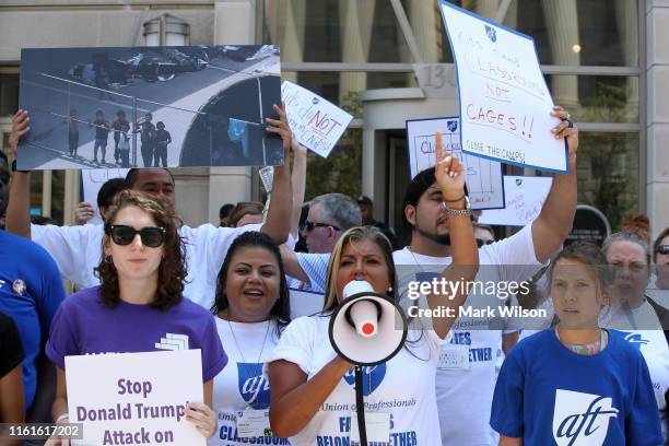 Immigration activists gather in front of the U.S. Customs and Border Protection Headquarters to protest President Trump’s immigration positions,...