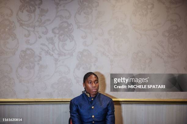 South African double Olympic champion Caster Semenya gives a press conference at the Standard Bank Top Women Conference in Johannesburg, South...