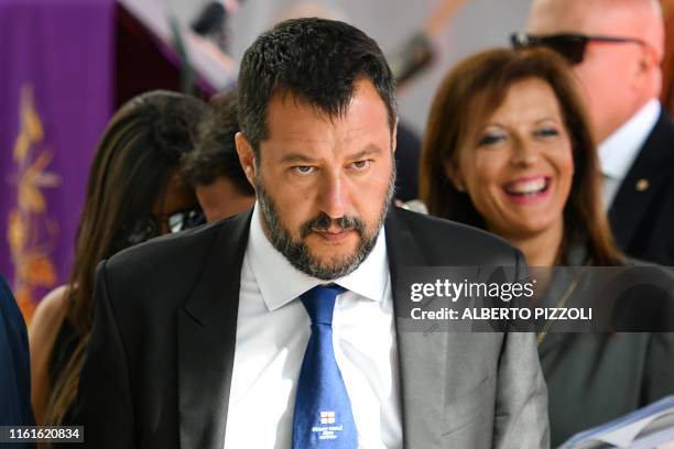 Italy's Deputy Prime Minister and Interior Minister Matteo Salvini arrives to attend the mass for the first anniversary of the Morandi's bridge fall,...