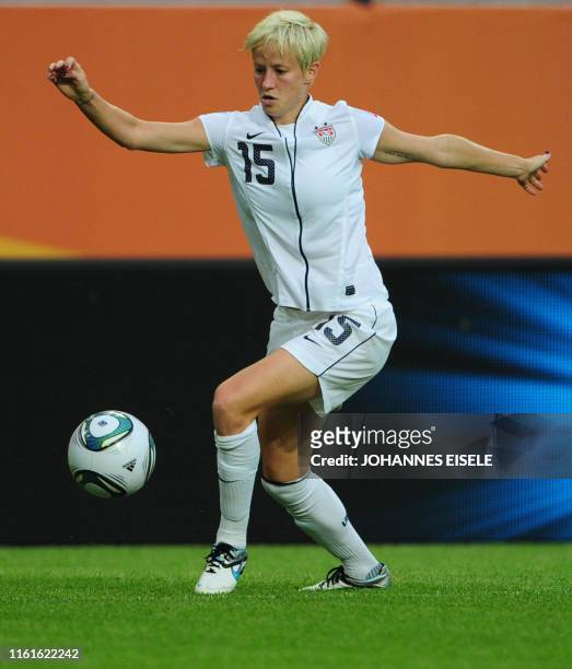 S midfielder Megan Rapinoe controls the ball during the Group C match of the FIFA women's football World Cup Sweden vs USA on July 6, 2011 in...