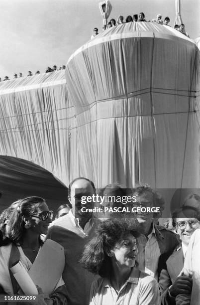 French Prime Minister Laurent Fabius and his wife Françoise Castro visit on October 6, 1985 in Paris the Pont Neuf wrapped by US Bulgarian born...