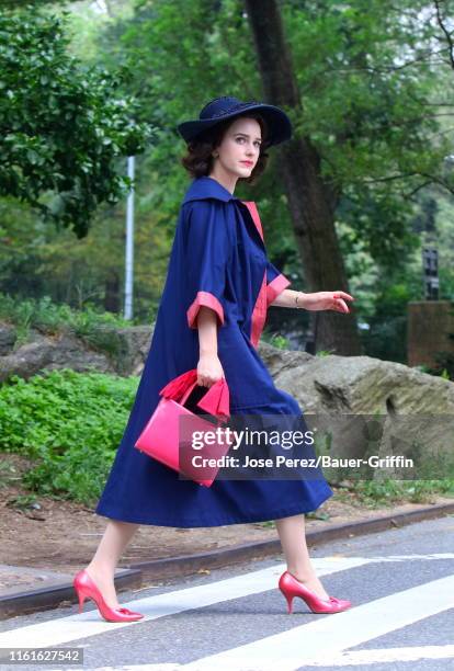 Rachel Brosnahan is seen on the set of "The Marvelous Mrs Maisel" on August 14, 2019 in New York City.