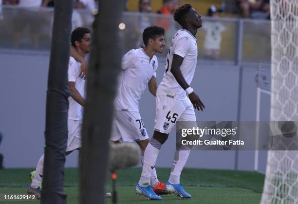 Joao Pedro of Vitoria SC celebrates after scoring a goal during the UEFA Europa League Third Qualifying Round match between Vitoria SC and FK...