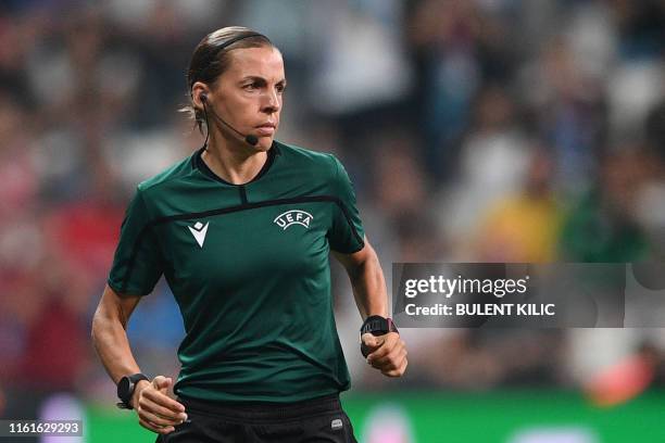French referee Stephanie Frappart is pictured ahead of the UEFA Super Cup 2019 football match between FC Liverpool and FC Chelsea at Besiktas Park...