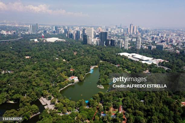 Aerial view of the Chapultepec lake at Chapultepec Park in Mexico City on August 14, 2019. - The World Urban Parks Organization awarded Chapultepec...