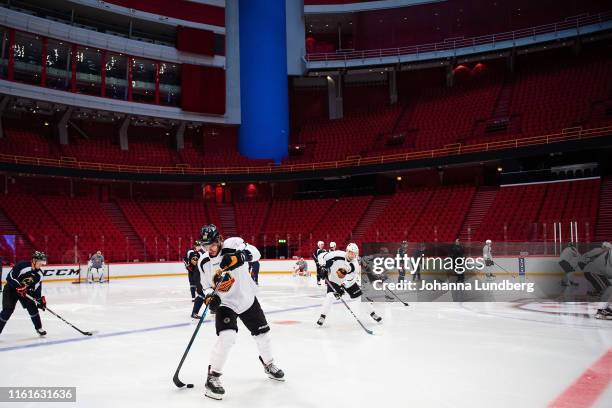 David Pastrnak of the Boston Bruins during the NHL European Media Tour at the Ericsson Globe Arena on August 14, 2019 in Stockholm, Sweden.