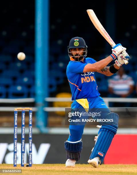 Virat Kohli of India hits 4 during the 3rd ODI match between West Indies and India at Queens Park Oval, Port of Spain, Trinidad and Tobago, on August...