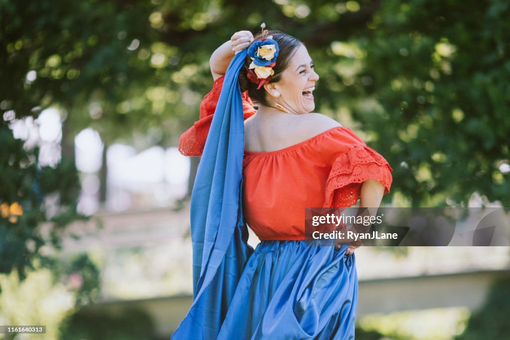 Mature Adult Woman Performing Colombian Traditional Dance