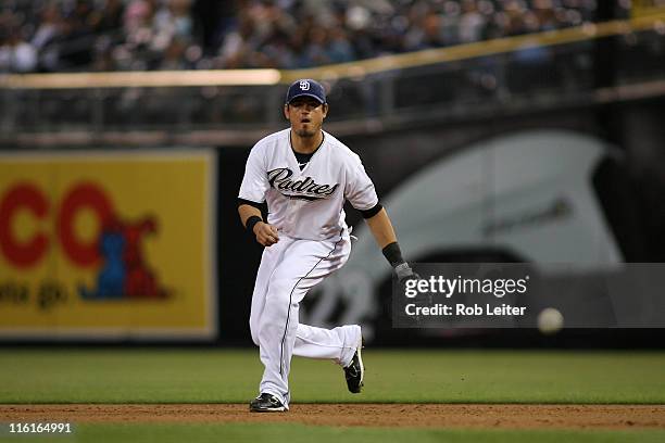 Jorge Cantu of the San Diego Padres plays first base during the game against the Colorado Rockies at Petco Park on June 7, 2011 in San Diego,...