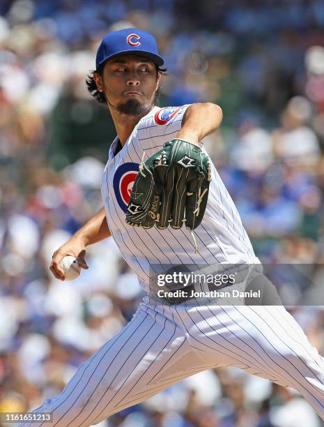 Starting pitcher Yu Darvish of the Chicago Cubs delivers the ball against the Pittsburgh Pirates at Wrigley Field on July 12, 2019 in Chicago,...