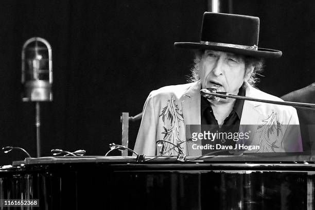 Editors note - image converted to black and white: Bob Dylan performs as part of a double bill with Neil Young at Hyde Park on July 12, 2019 in...