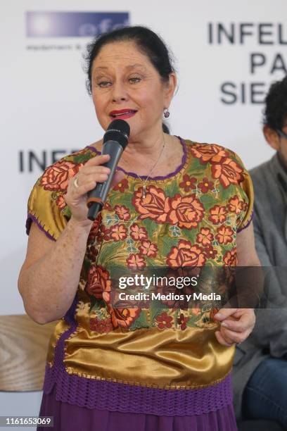 Angélica Aragón speaks during the first day of filming of 'Infelices Para Siempre' at Videocine on July 12, 2019 in Mexico City, Mexico.