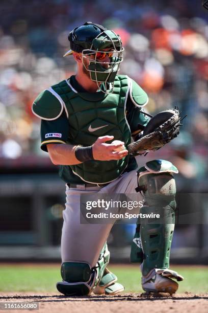 Oakland Athletics Catcher Chris Herrmann during the regular season MLB game between the Oakland Athletics and the San Francisco Giants on August 14,...