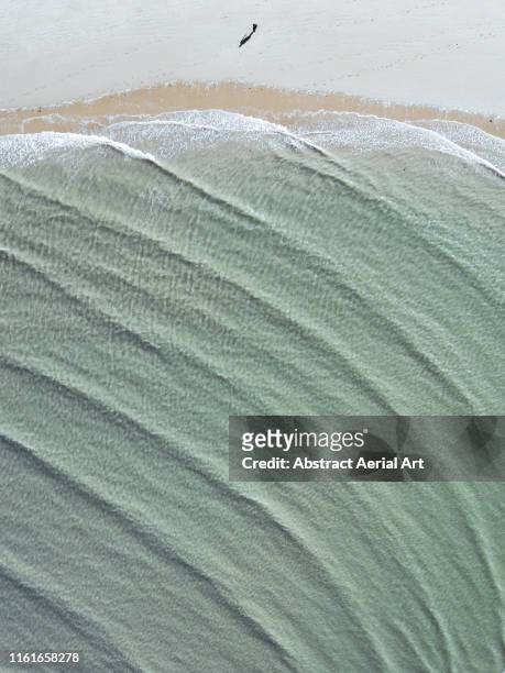 person walking on a beach and wave patterns from above, liverpool, united kingdom - liverpool england stock-fotos und bilder