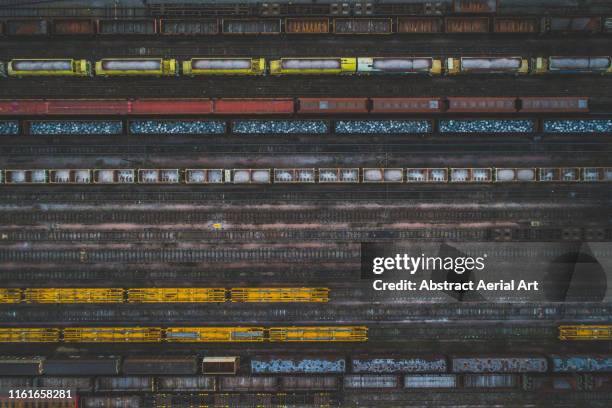 aerial perspective of freight trains, birmingham, england, united kingdom - west midlands stock pictures, royalty-free photos & images