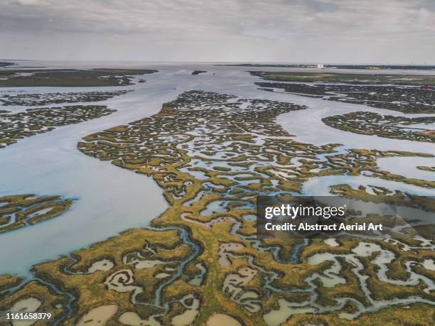 drone shot of low tide and marshland patterns, essex, england, united kingdom - river snake stock pictures, royalty-free photos & images