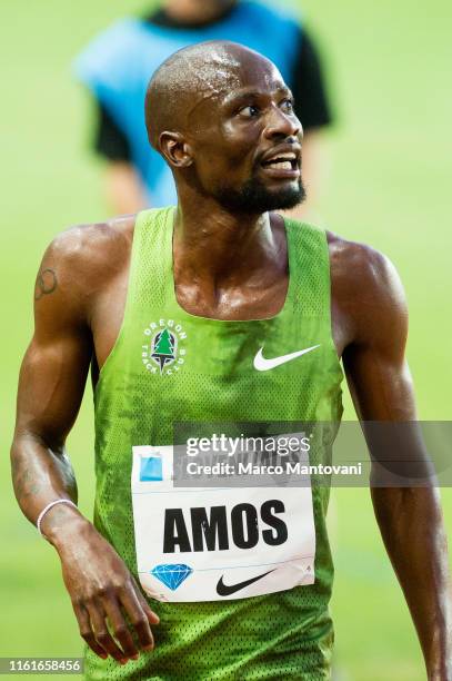 Nijel Amos of Botswana celebrates after winning in men's 800m at Louis II Stadium during Herculis EBS IAAF Diamond League Meeting on July 12, 2019 in...