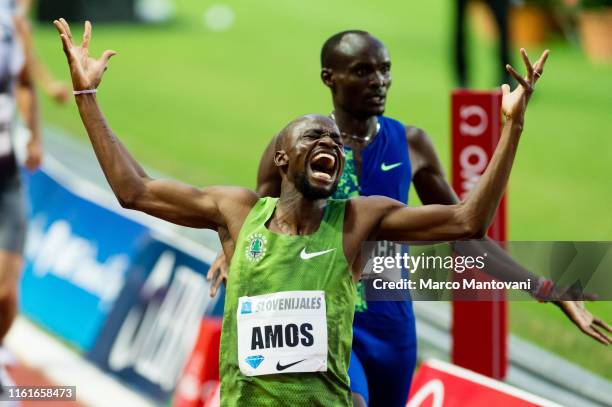 Nijel Amos of Botswana celebrates after winning in men's 800m at Louis II Stadium during Herculis EBS IAAF Diamond League Meeting on July 12, 2019 in...