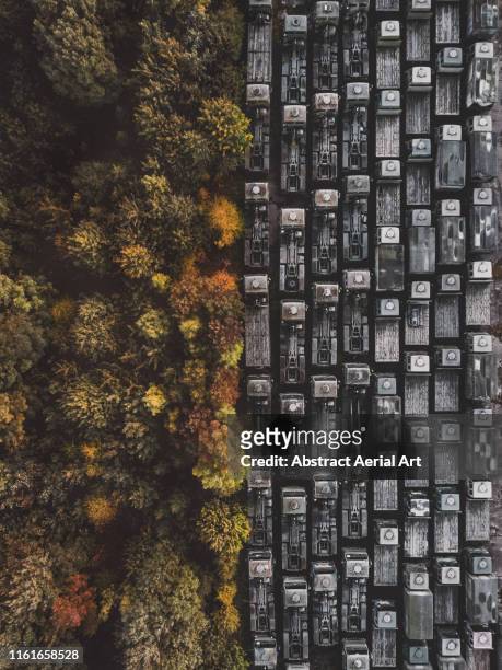 Drone shot of abandoned trucks resting alongside autumn trees, United Kingdom