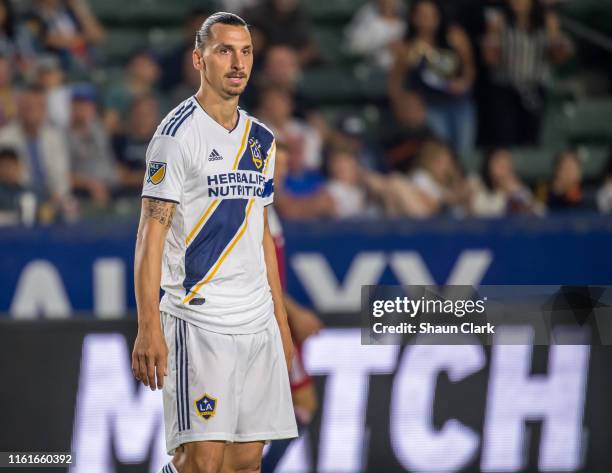 Zlatan Ibrahimovic of Los Angeles Galaxy during the Los Angeles Galaxy's MLS match against FC Dallas at the Dignity Health Sports Park on August 14,...