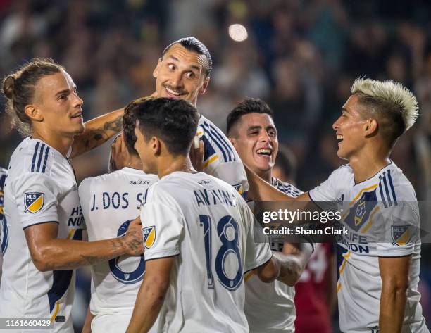 Zlatan Ibrahimovic of Los Angeles Galaxy celebrates second goal during the Los Angeles Galaxy's MLS match against FC Dallas at the Dignity Health...