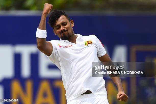 Sri Lanka's Suranga Lakmal celebrates after dismissing New Zealand's Trent Boult during the second day of the first Test cricket match between Sri...