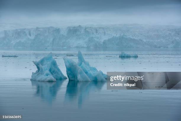 lilliehøøkfjord lilliehookfjord met blauwe ijsberg drijvend met lilliehøøkbreen lilliehookbreen glacier en wolken misty weather-svalbard - spitsbergen stockfoto's en -beelden