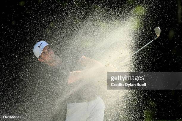 Denny McCarthy plays his shot from the bunker on the sixth hole during the second round of the John Deere Classic at TPC Deere Run on July 12, 2019...