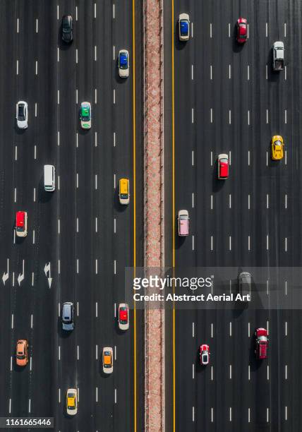 Aerial view of a variety of vehicles on Sheikh Zayed highway, United Arab Emirates