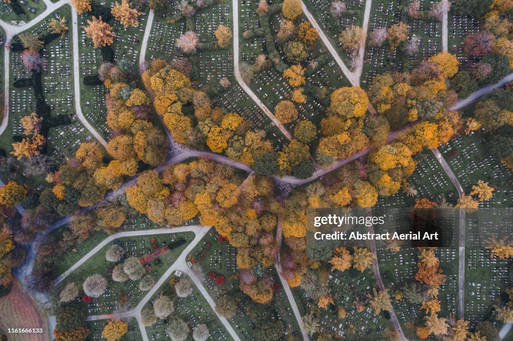 Aerial view of autumn colours in a cemetery, Munich, Germany