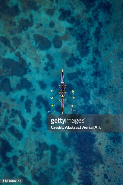 aerial view of rowing boat on a lake, germany - team event ストックフォトと画像