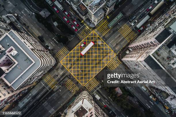 Aerial perspective of city road intersection, Kowloon, Hong Kong