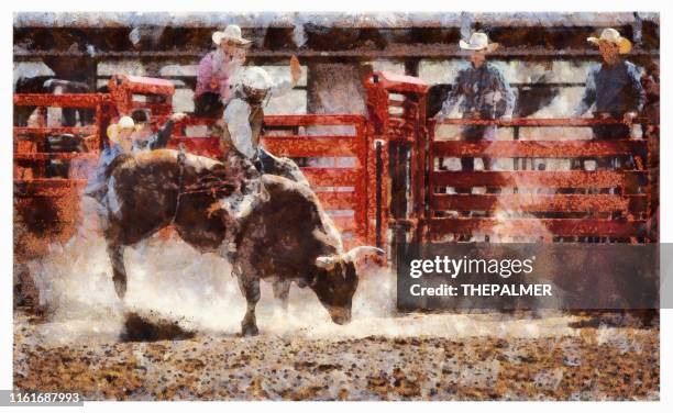 cowboy bull riding in rodeo arena - digital photo manipulation - bull riding stock pictures, royalty-free photos & images