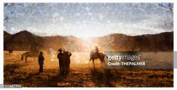 cowboys horseback riding - digital photo manipulation - riding boot imagens e fotografias de stock