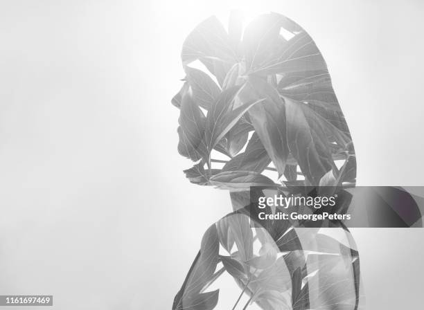 multiple exposure of a young woman morphing into leaves - high key green stock pictures, royalty-free photos & images