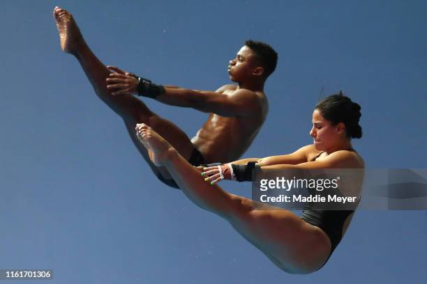Isaac Souza Filho and Ingrid Oliveira of Brazil compete in the Mixed 10m Synchro Platform Final on day two of the Gwangju 2019 FINA World...