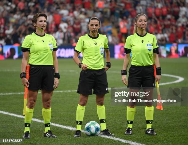 Match officials, referee Stephanie Frappart , Manuela Nicolosi and Michelle O'Neill before the UEFA Super Cup match between Liverpool and Chelsea at...