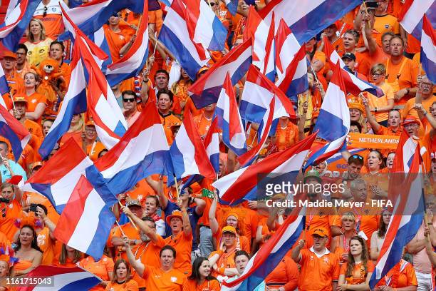 Netherlands fans cheer on their team during the 2019 FIFA Women's World Cup France Final match between The United State of America and The...
