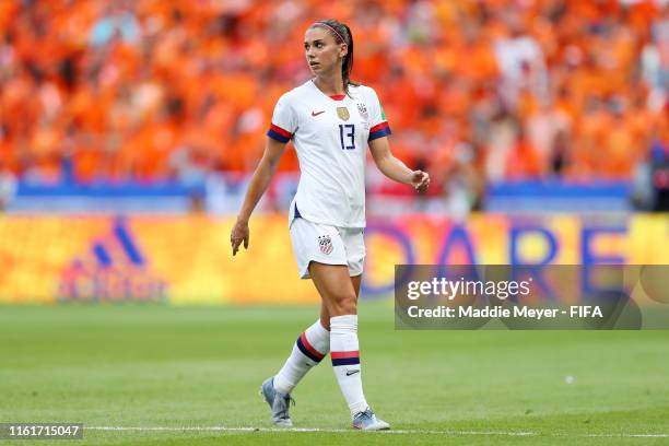 Alex Morgan of the USA looks on during the 2019 FIFA Women's World Cup France Final match between The United State of America and The Netherlands at...