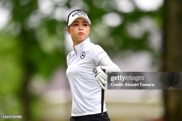 Asuka Kashiwabara of Japan reacts after hitting her tee shot on the 1st hole during the second round of the Nippon Ham Ladies Classic at Katsura Golf...