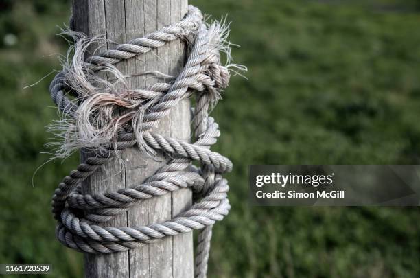 old nylon rope coiled around a wooden post - frayed fabric stock pictures, royalty-free photos & images