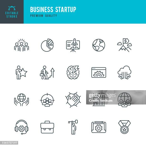 stockillustraties, clipart, cartoons en iconen met business startup-vector lijn icon set - ipo