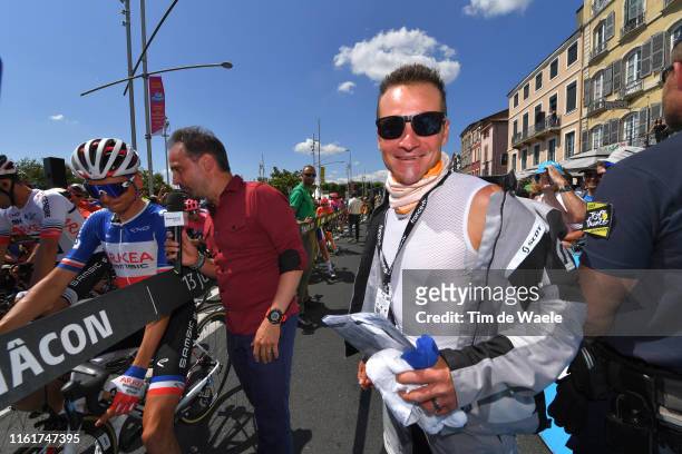 Start / Warren Barguil of France and Team Arkea-Samsic / Thomas Voeckler of France Ex-pro Cyclist and TV commentator / Mâcon City / during the 106th...