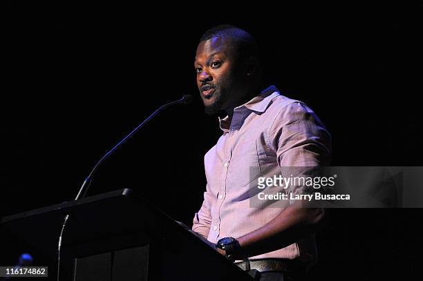 Presenter Wardell Malloy onstage at the Songwriters Hall of Fame/NYU Master Session + Scholarship Awards & Showcase at Frederick Loewe Theatre on...