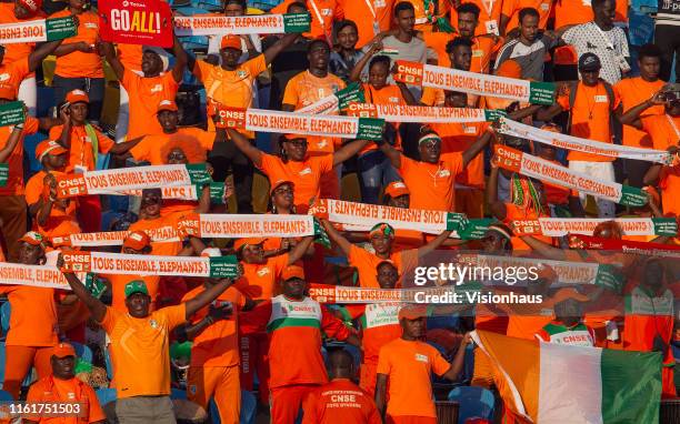 Ivory Coast fans during the 2019 Africa Cup of Nations quarter-final match between Ivory Coast and Algeria at Suez Stadium on July 11, 2019 in Suez,...